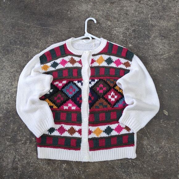 Vintage Cardigan Sweater Womens M White Cottage Button Up Fair Isle Argyle - Picture 1 of 7
